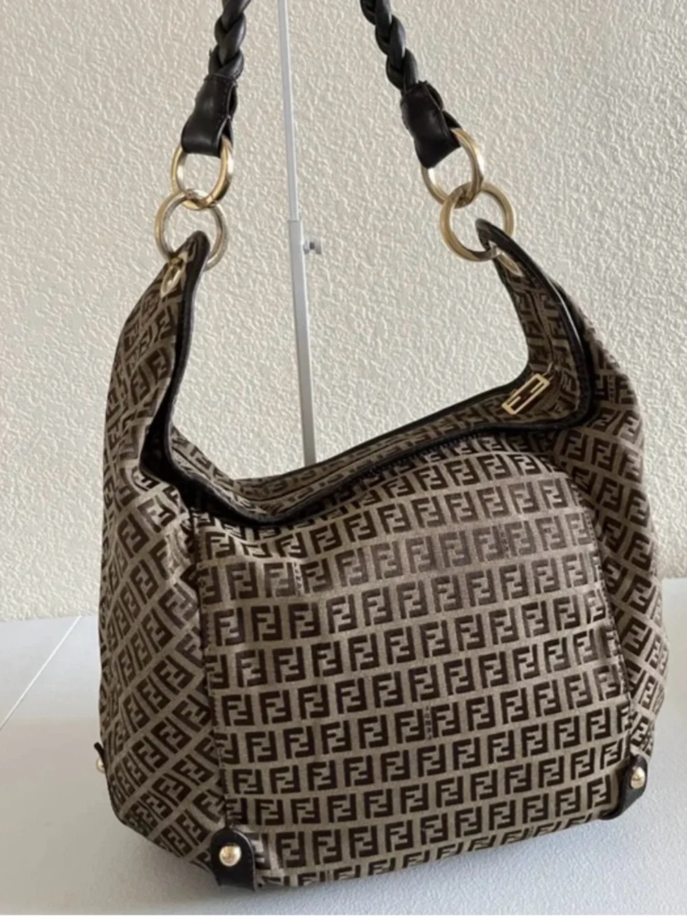 Fendi Brown Monogram Hobo with Braided leather Handle and Gold Hardware
